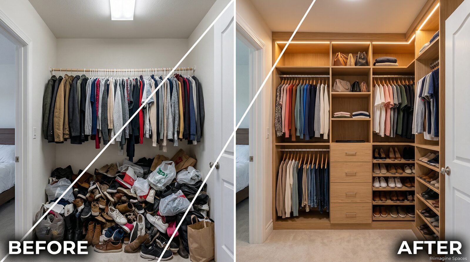 Before and after of a messy closet transformed into a custom built-in closet system with LED lighting by Riimagine Spaces