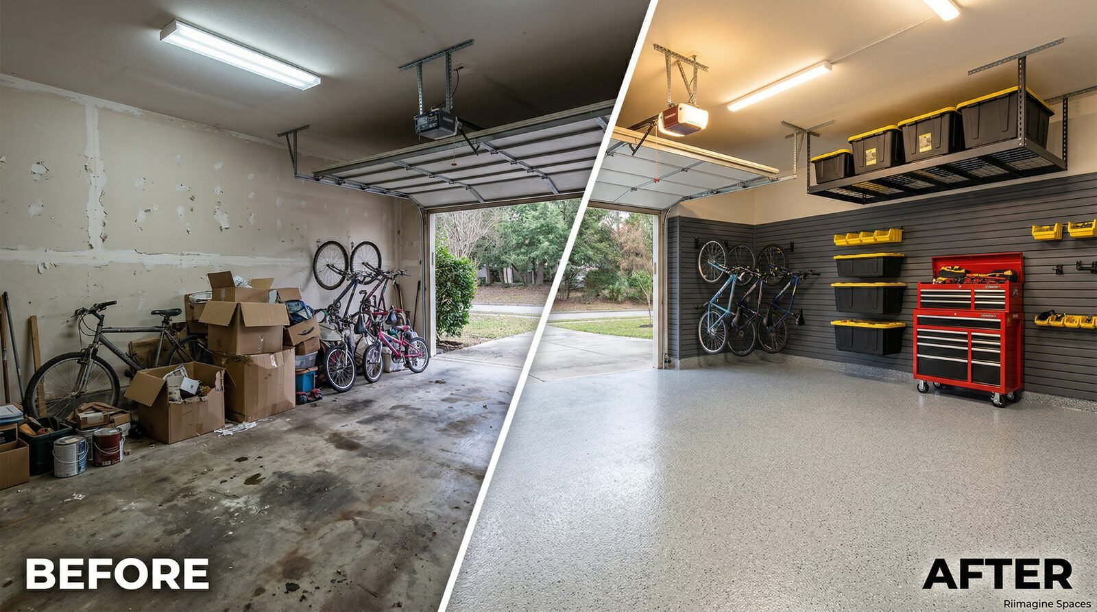 Before and after of a messy garage transformed with slatwall panels, overhead racks, and epoxy floor by Riimagine Spaces