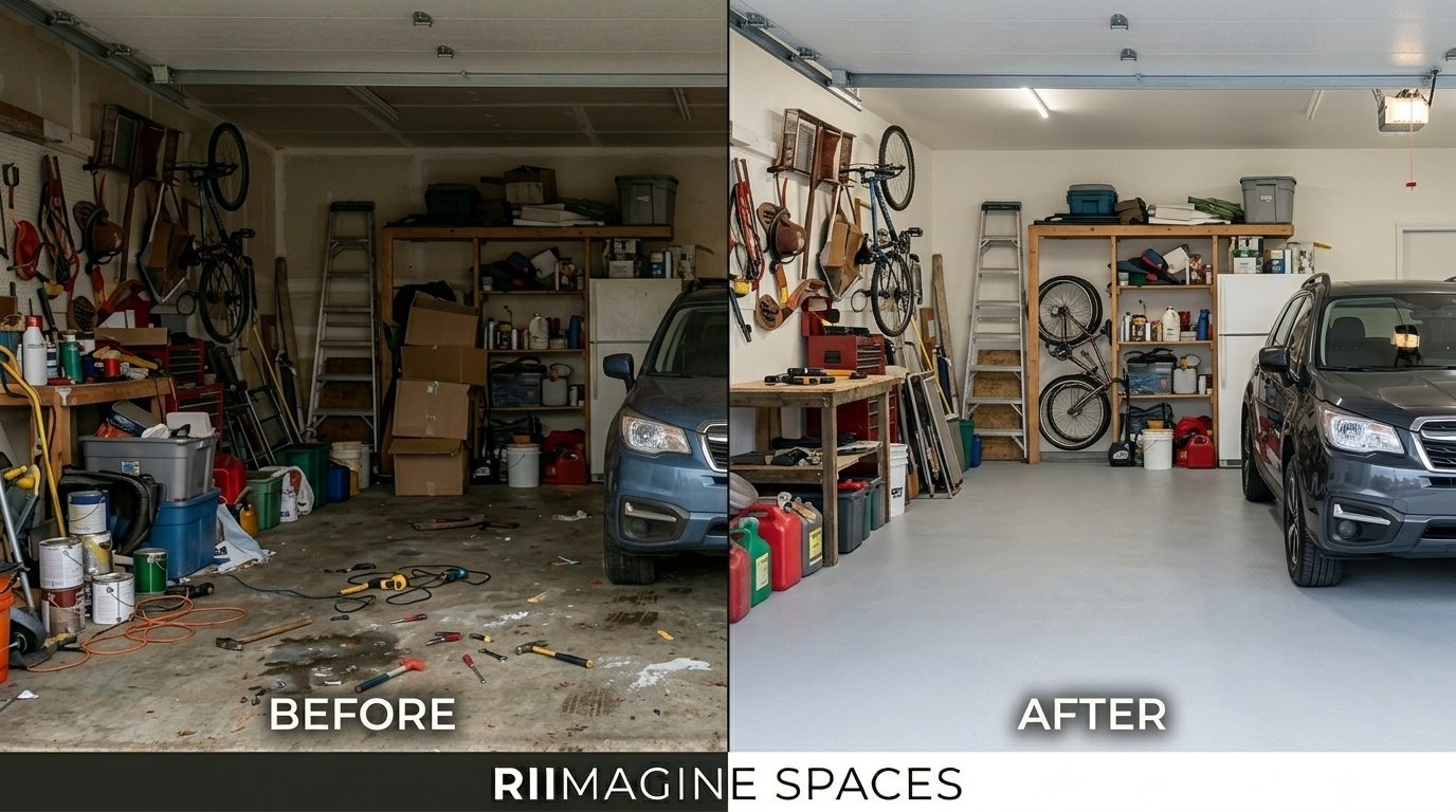Before and after garage transformation by Riimagine Spaces — cluttered garage on the left, clean organized garage on the right