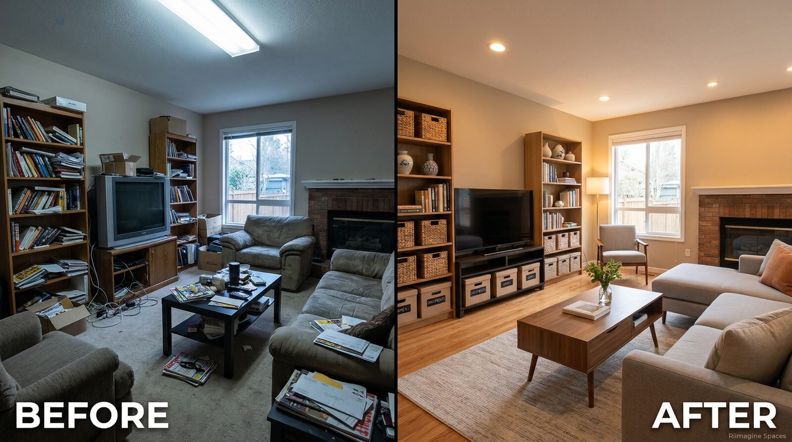 Before and after of a cluttered living room transformed into an organized, warm home by Riimagine Spaces