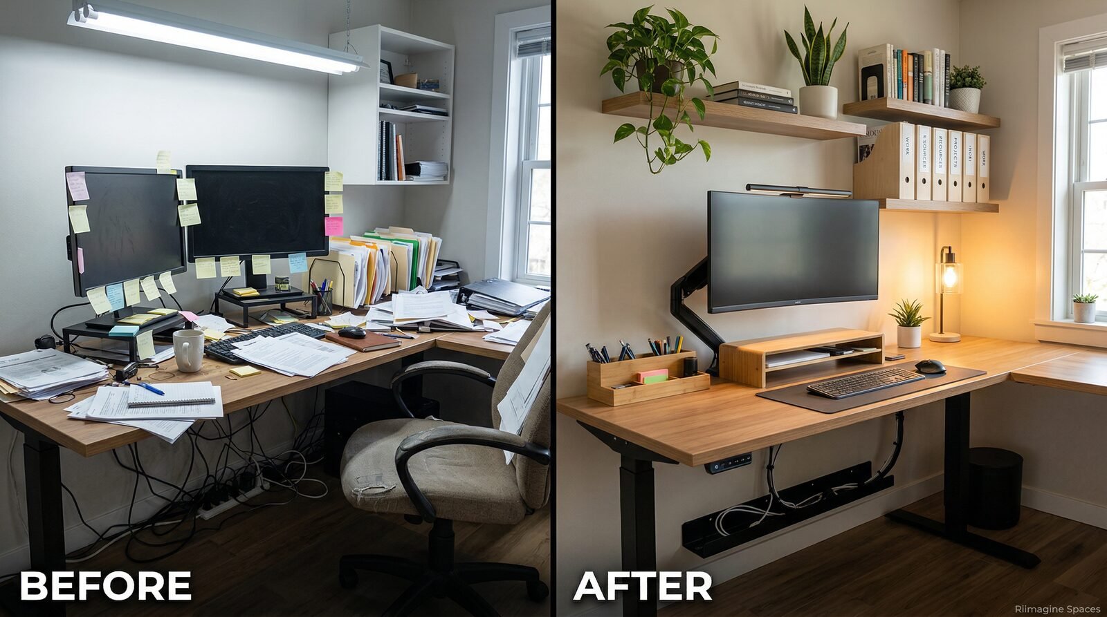 Before and after of a messy desk transformed into a clean organized workspace with cable management by Riimagine Spaces